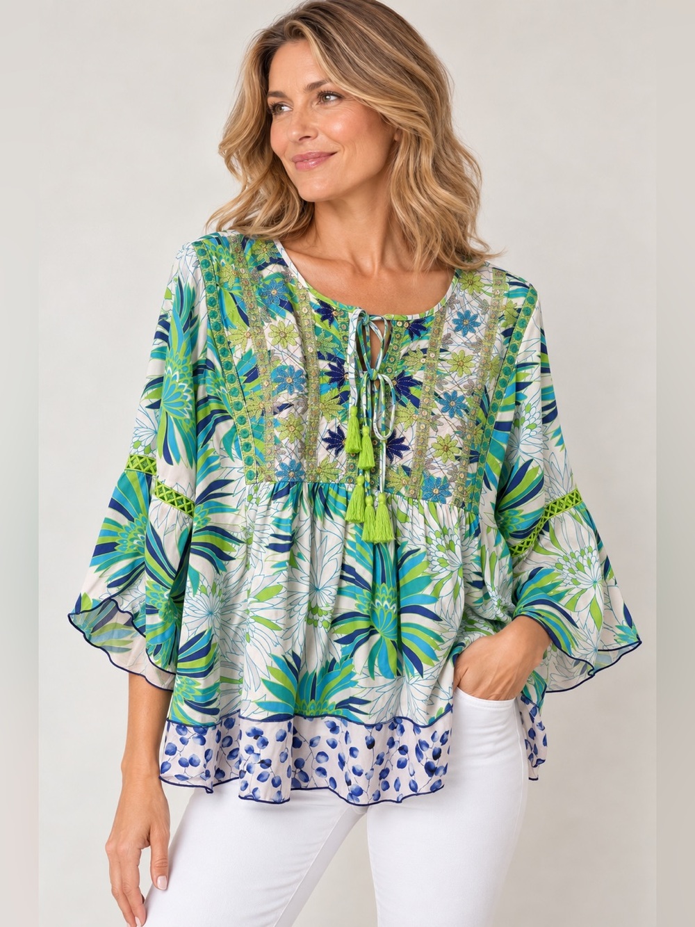 John Mark Large Embroidered Floral Boho Blouse Tassel Tie Bell Sleeve Top